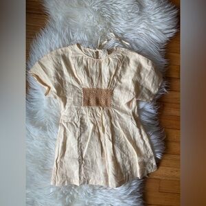 Girls Cream Short Sleeve Smocked Waist Dress - 100% Linen